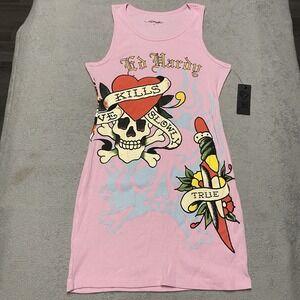 Ed Hardy Flash Rib Tank Dress Large Pink All Over Print Tattoo Stretch Y2K NEW